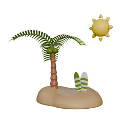 A bright 3D illustration of a small tropical island featuring a tall coconut