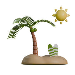 A bright 3D illustration of a small tropical island featuring a tall coconut
