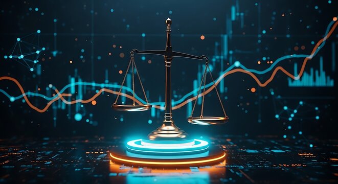 Digital illustration of the scales of justice glowing with blue light against a dark background featuring abstract financial data charts and technology