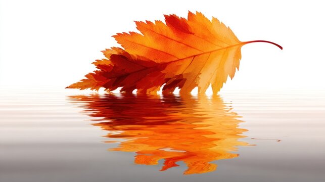 A single orange leaf floating on water with a white background.