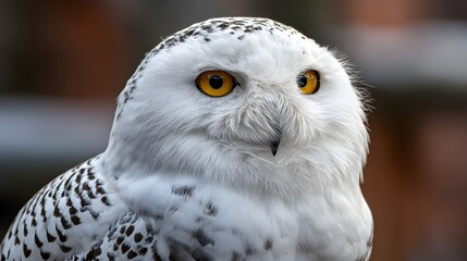 Obraz premium Close-up portrait of a majestic snowy owl with piercing yellow eyes.