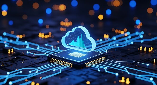 Digital concept of cloud computing data storage and processing on a futuristic circuit board with glowing blue lights and bokeh background - Powered by Adobe