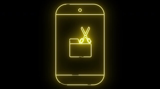 Yellow neon smartphone outline displays scissors  folder icon on black background