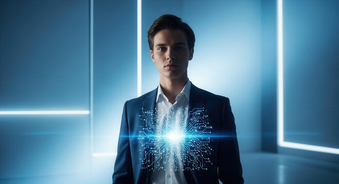 Confident businessman embodies digital transformation with glowing circuit design, perfect for illustrating AI, future technology, and innovation concepts