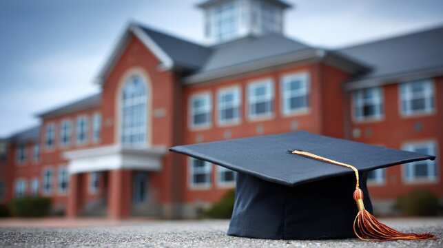 A graduation cap with a tassel sitting on a gravel surface in front of a brick building. - Powered by Adobe