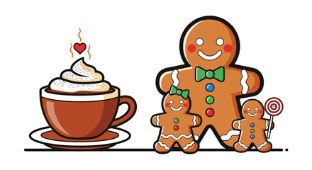 Fototapeta premium A whimsical illustration showcases a hot chocolate topped with whipped cream and a family of gingerbread cookies, creating a festive and heartwarming scene.