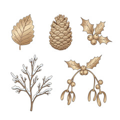 Golden Winter Nature Christmas Icon Set