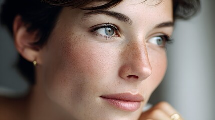 Close-up portrait of a thoughtful woman with short hair and blue eyes looking away.