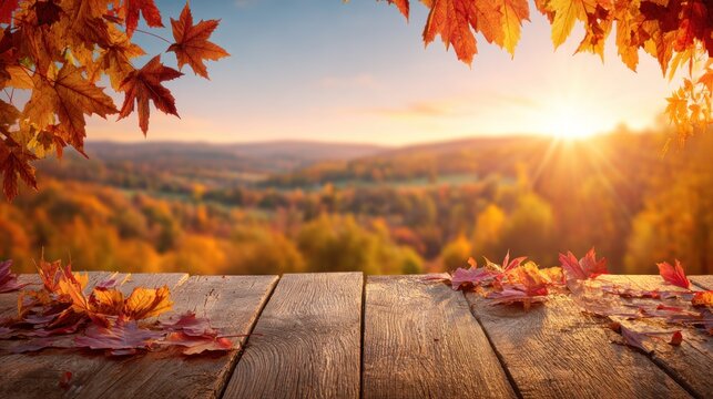 Autumn leaves on a wooden table with a scenic background.