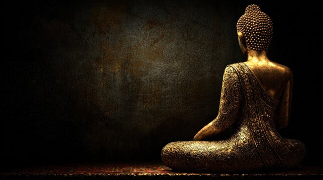 A golden Buddha statue with intricate designs, sitting in a meditative pose against a dark, textured background.