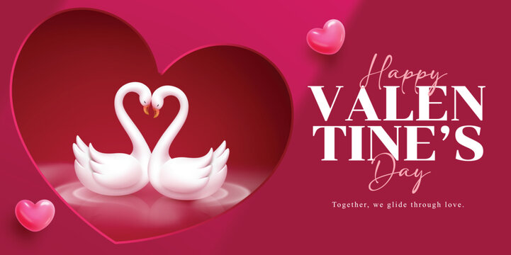 Happy Valentine's day greeting clipart banner. Valentine's day card template clip art with pink heart shape paper cut and romantic couple swan decoration elements vector illustration.
