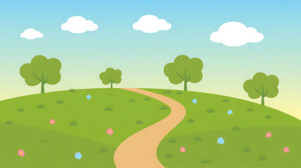 Obraz premium A Winding Path Through a Vibrant, Flower-Dotted Meadow Under a Bright Blue Sky with Fluffy Clouds