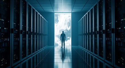 Silhouette of a man standing at the end of a dark server room aisle with bright light emanating from the doorway, representing data security or breakthrough