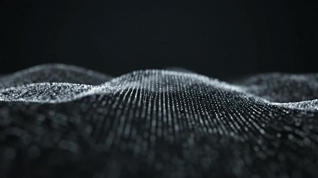 A dark background with a luminous wave of light particles creating an abstract pattern