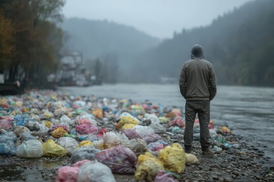 Adult man contemplating plastic pollution on riverbank