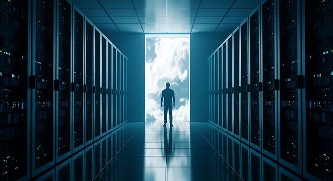 Silhouette of a man standing at the end of a dark server room aisle with bright light emanating from the doorway, representing data security or breakthrough