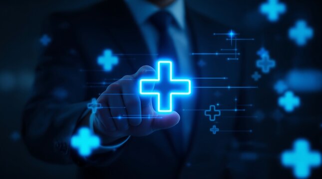 A man in a suit interacting with a digital interface displaying glowing blue plus sign symbols around him