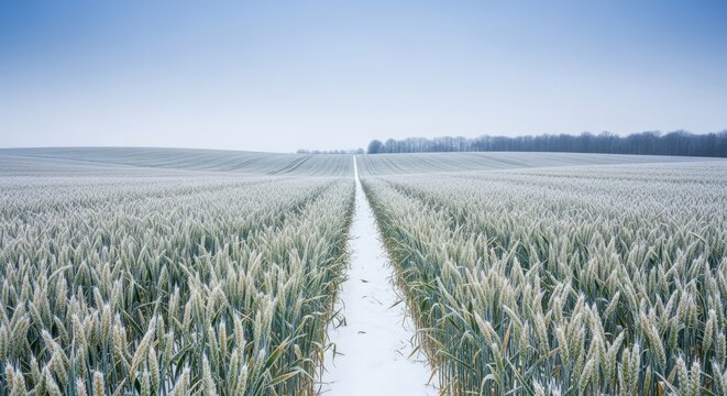 A serene winter landscape with a snow-covered wheat field and a clear blue sky.