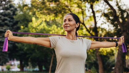Mature woman in sportswear performs an upper body workout with a resistance band in a sunny park, focusing on strength and flexibility