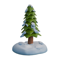 A 3D illustration of a snow-covered pine tree standing on a small island-like mound of snow.