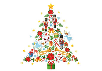 Obraz premium Watercolor illustration of christmas tree shape made of festive holiday elements like santa, nutcracker, angel, gift, and trumpet