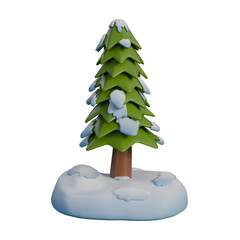 A 3D illustration of a snow-covered pine tree standing on a small island-like mound of snow.