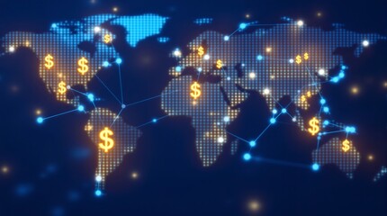 Illuminated world map with dollar symbols connected by blue lines representing global financial network