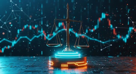 Digital representation of the scales of justice balanced against a glowing blue and orange futuristic financial stock market data graph background