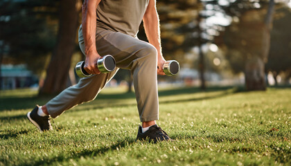 Unrecognizable active man in sportswear doing walking lunges with dumbbells for leg day workout on green grass in a sunny park