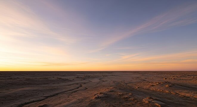 Desolate landscape with a vast, flat expanse of sand and mud under a clear, blue sky with wispy clouds. - Powered by Adobe