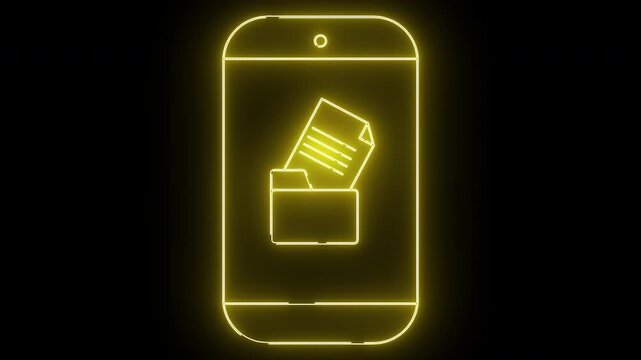 Yellow outline of phone displaying file folder with documents on a black backdrop