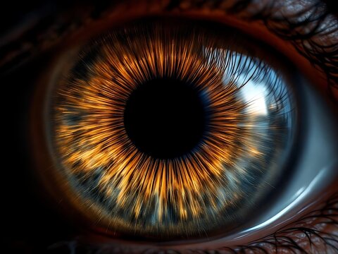 A detailed macro image of a brown human iris with golden textures and radial fiber patterns, captured against a clean black background for a dramatic visual effect