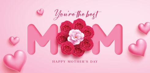 Fototapeta premium Mother's day greeting card clipart banner design. Best mom calligraphy text clip art with pink heart and elegant bouquet of flowers elements for Mother's day banner card template vector illustration. 