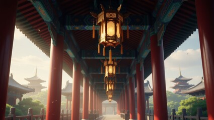 Traditional Chinese pavilion with hanging lanterns and pagodas