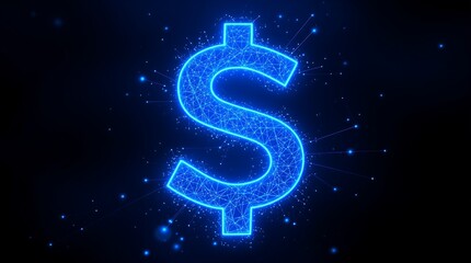 A glowing blue dollar sign made of connected lines and dots on a dark blue to black gradient background