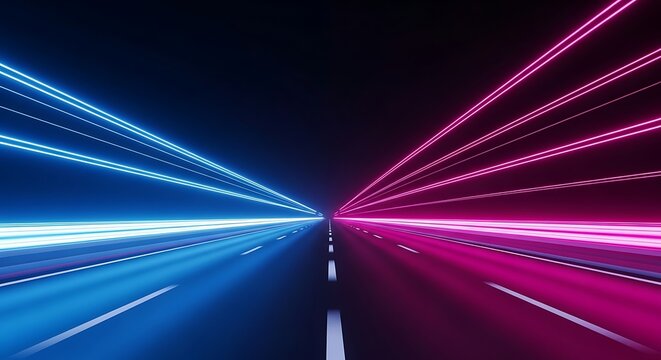 Abstract futuristic road with blue and magenta neon light trails moving fast towards the horizon in dark space, representing speed and technology