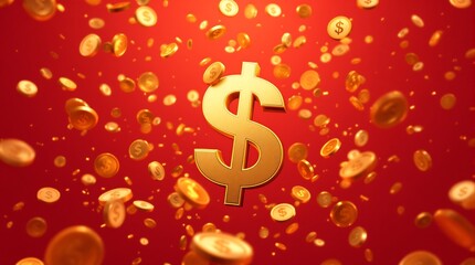 Golden dollar sign surrounded by falling coins on a red background creating a sense of wealth and prosperity