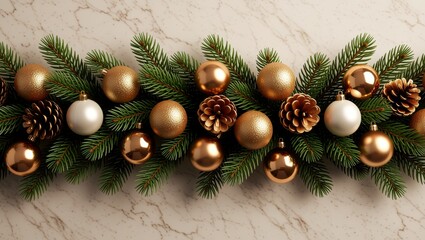 Fototapeta premium Christmas garland with gold and white ornaments on marble