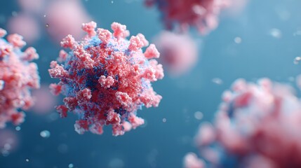 Close-up view of multiple COVID-19 virus cells floating in a blue liquid, representing the global pandemic and microscopic biological threat.
