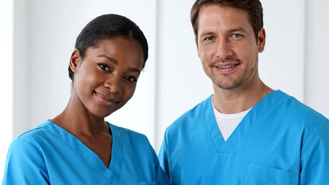 Two healthcare professionals, a woman and a man, wear blue scrubs and smile