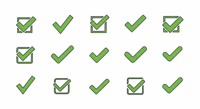A collection of fifteen green checkmark icons in various styles, some within squares and others standalone, symbolizing approval and completion. - Powered by Adobe