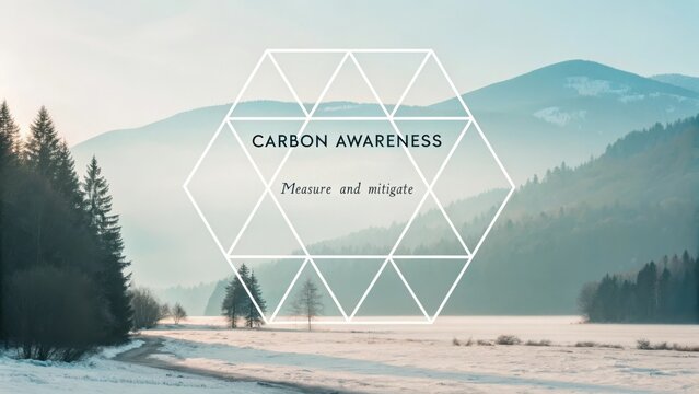 Landscape featuring tranquil mountains with fog, trees, and a focus on carbon awareness concept for environmental campaigns