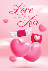 Love Valentine's card clipart poster. Love is in the Air greeting with romantic pink heart and love letter symbol for Valentine's day poster card template graphic design vector illustration.
