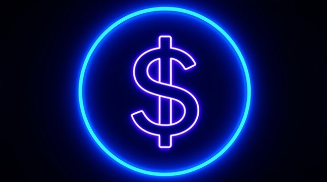 A glowing neon dollar sign inside a circle against a dark blue background with bright blue outline
