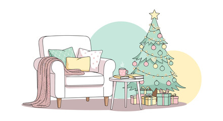 Obraz premium A cozy Christmas illustration showcases a decorated tree, gifts, and a comfortable armchair with a blanket, creating a festive and inviting scene.
