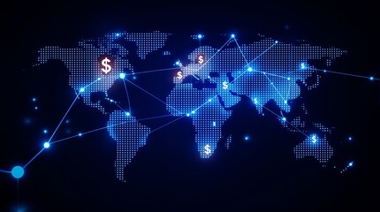 World map with dollar signs and blue network connections against a dark background illustration