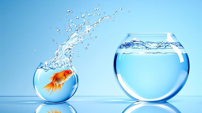A goldfish leaping from a small bowl to a larger bowl with water against a blue gradient background
