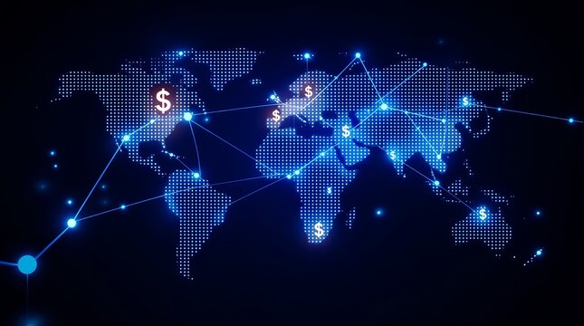 World map with dollar signs and blue network connections against a dark background illustration