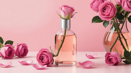 Elegant still life of a rose-infused perfume bottle amidst fresh pink blooms and delicate petals, exuding a luxurious floral aroma on a soft pastel background