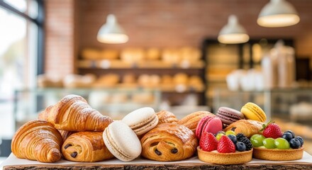 A variety of pastries and fruits on a wooden tray in a bakery setting.